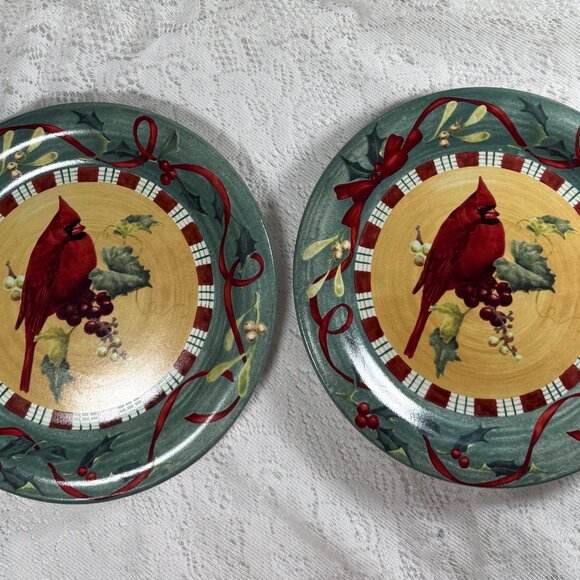 LENOX “Winter Greetings” Everyday Cardinal Dinner Plate - Set of 2, Red Ribbons - Picture 1 of 6